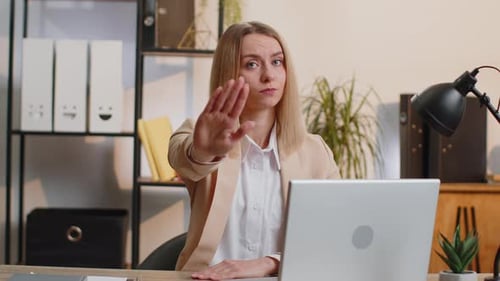 Businesswoman Working on Laptop Showing Stop Gestuge Danger Rejection Warning Crisis Prohibition