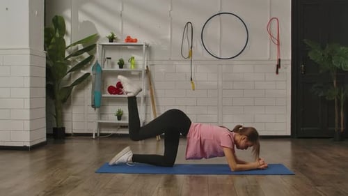 Woman Exercising on Mat in Home Gym Setting