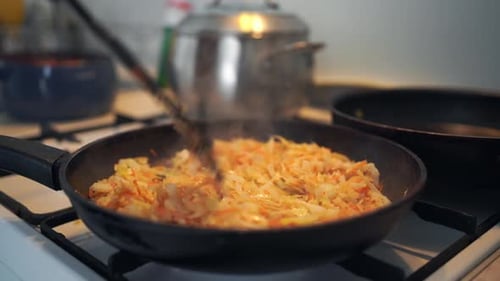 Cabbage and Carrots Cooking in Frying Pan