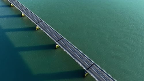 Brücke über türkisfarbenes Meerwasser, städtische Infrastrukturstraße für Autos, abstrakt, symmetrisch