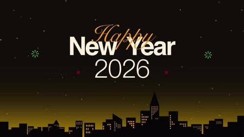 Stadt-Silhouette-Hintergrund mit animiertem Feuerwerk zur Feier des neuen Jahres. Im gelben Nachthimmel