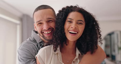 Face, home and hug with couple, love and funny with marriage, relationship and trust in a lounge