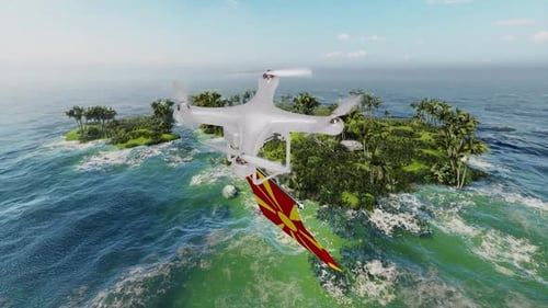 3D Drone Flying with Flag of North Macedonia Over Island