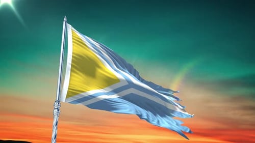 Torn Waving Flag with Realistic Movement Against Sunset