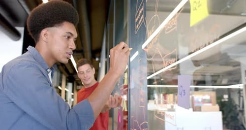 Brainstorming criativo masculino birracial com diversos colegas fazendo anotações na parede de vidro, câmera lenta