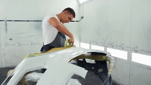 Professioneller Mechaniker in der Garage arbeitet mit Autoteilen