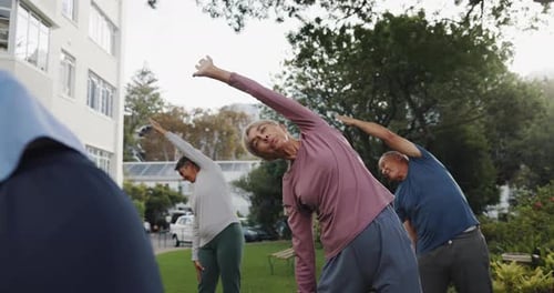 Fitness, stretching and senior people in garden for wellness, active lifestyle