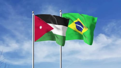 Flags of Jordan and Brazil Waving in Blue Sky