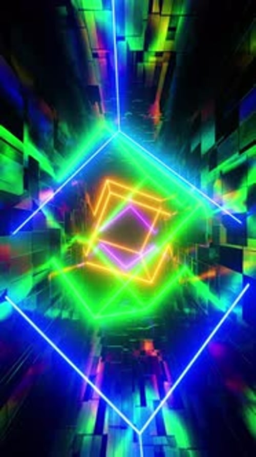 Voler dans un tunnel avec des cubes au néon. Animation en boucle
.