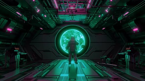 Cyberpunk Spaceship Interior with Astronaut and Energy Orb
