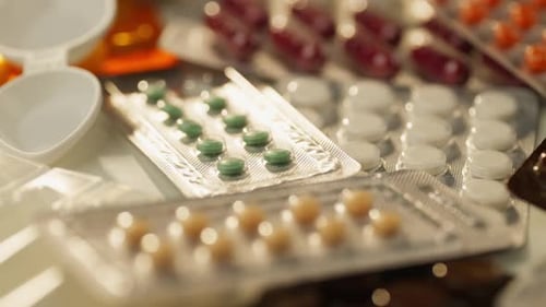 Verschreibungspflichtige Pillen fallen auf Medikamentenboxen für das Gesundheitswesen