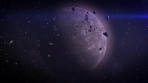 der Mond, umgeben von treibenden Asteroiden.