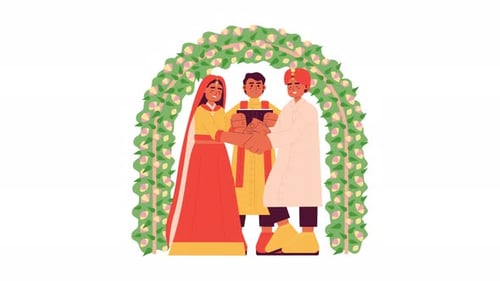 Animation de dessin animé de mariage hindou sous une arche florale