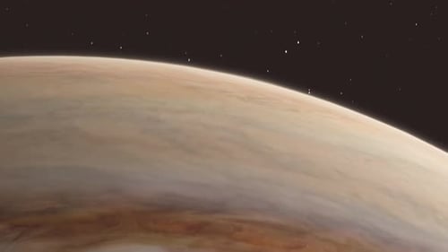 Fast Descending View from Space of Planet Jupiter and Big Red Eye Storm with Stars Background 4K