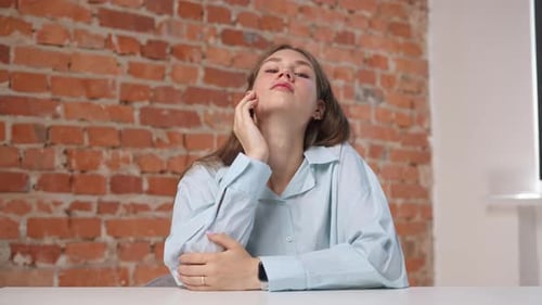 Woman College Student Studying at Home Pov Sitting at Desk Listening Watching Lesson Online on