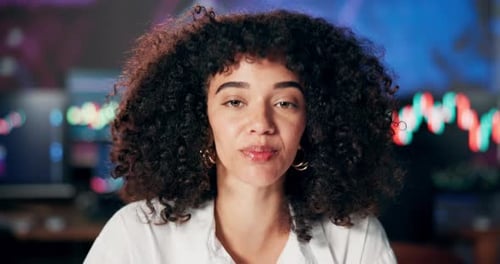 Woman, talking or face with information for stock market, financial news or update for trade