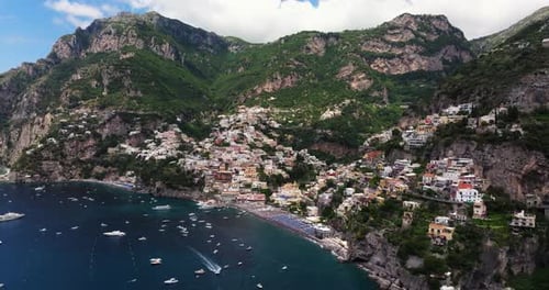 Amazing Aerial View Above Positano, Amalfi Coast, Italy. Pull Out Shot