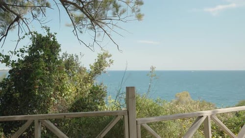 Blick von einer hohen Plattform auf das Meer durch die Bäume in der Nähe des Zauns. Sonniger klarer Tag.