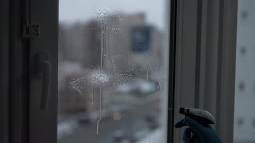 Professional Cleaning Service Worker Spraying Cleaning Solution Onto Window and Then Wiping It with