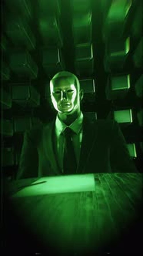 Futuristic AI Robot Avatar in Digital Green Corporate Setting