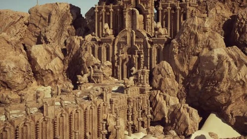 Dust Drifting Over Panoramic View of Aged Ruins and Majestic Arches