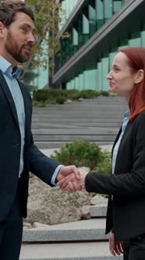 Caucasian People Coworkers Partners Business Man Woman Meeting City Handshaking Two Colleagues