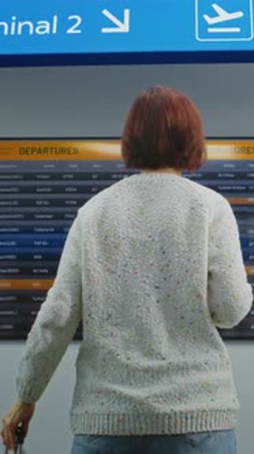 Airport Terminal Back View of Woman with Luggage Checking Flight on Digital Departure Board
