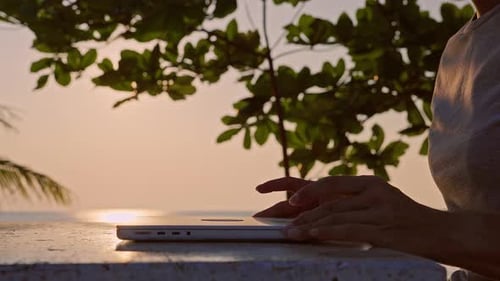 Jovem mulher abrindo laptop em mesa à beira-mar durante o pôr do sol com vista para o mar, trabalho remoto, freelance, escavação