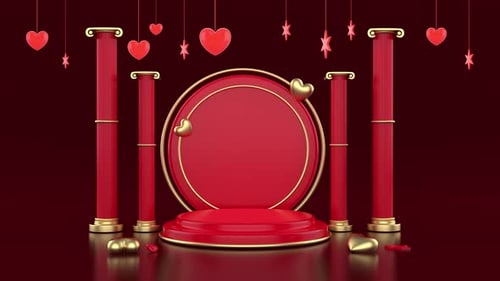 Elegant Red and Gold Stage with Romantic Hearts and Stars