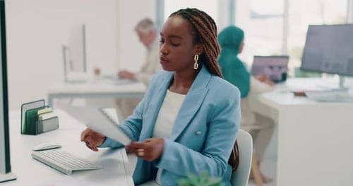 Documents, computer and business black woman in office for financial review