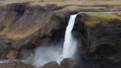 Aerial of Majestic Haifoss Waterfall. Spectacular Scenery of Iceland