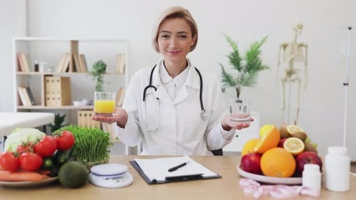 Smiling Doctor Recommends Healthy Juice and Water