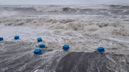 Garbage Washed Up on Sea Shore After Tropical Storm Deserted Shore with Garbage After Hurricane