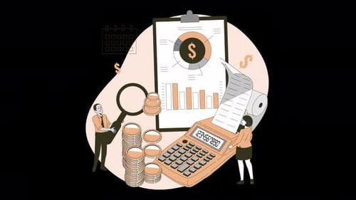 Person making a financial analysis, doing accounts with a calculator, expense control animation 4k