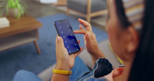 Woman, hands and phone with green screen tracking markers for browsing, scrolling