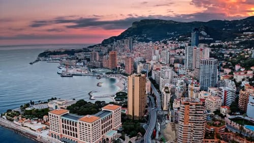 Buildings in the city at sunset aerial