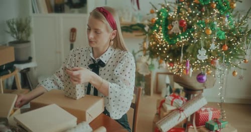 Joyful Woman Decorating Wrapping Christmas Gifts For Xmas Holidays