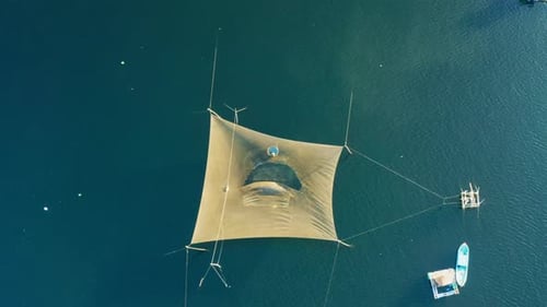 Drone view yellow fishing trap on the sea of Cam Ranh - Khanh Hoa province, central Vietnam
