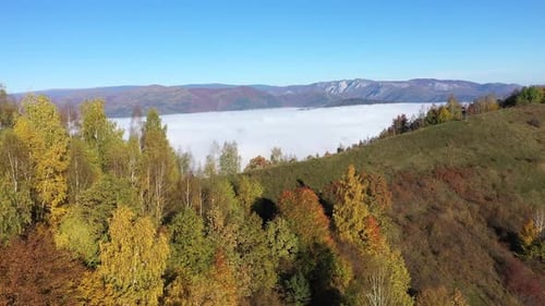 Aerial view of fog in the valley, morning haze at autumn