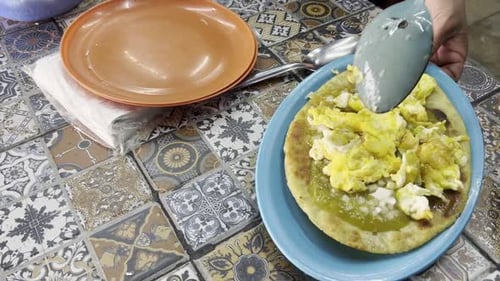 Flatbread with Scrambled Eggs and Green Salsa