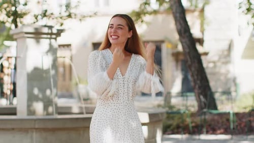 Excited Happy Young Woman Shouting Celebrating Success Winning Achievement Good News on City Street