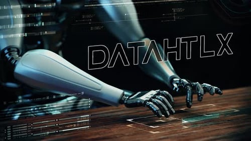 Animierter Datenbanktext mit KI-Roboter-Geschäftsmann, der auf einer futuristischen Tastatur tippt
