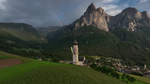 Aerial video of Seis am Schlern, Dolomites, South Tyrol, Italy