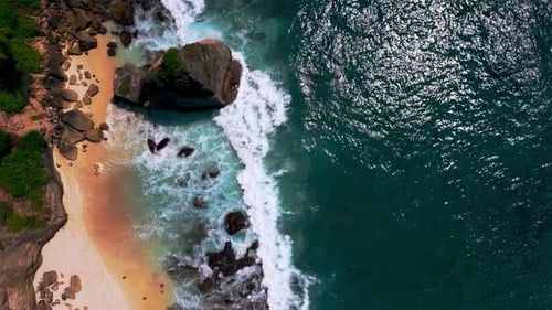 Aerial View on Ocean Waves of Blue Summer Water at Island Landscape of Sea Beach