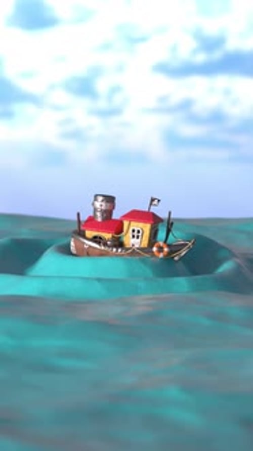 Cartoon Boat Attacked by Octopus Tentacles in Choppy Blue Ocean