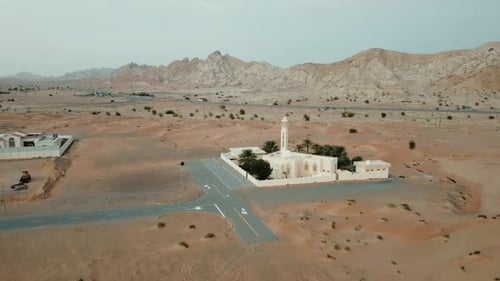 Aerial Footage of a Mosque in Sharjah Desert Dubai United Arab Emirates