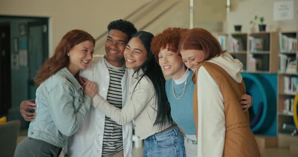Hug, teenagers and students in school, funny and bonding together with ...