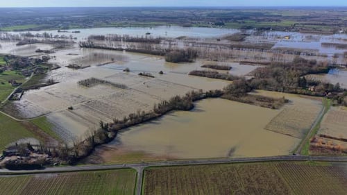 Aerial view of floodwaters engulfing fields, Sainte-Croix-du-Mont, France.