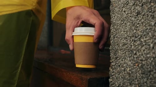Business Man Tourist Person with Umbrella and Raincoat on Rainy European City Street Lights