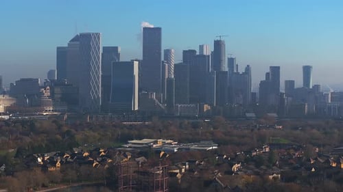 Aerial Panoramic View of Canary Wharf Financial Hub in London UK